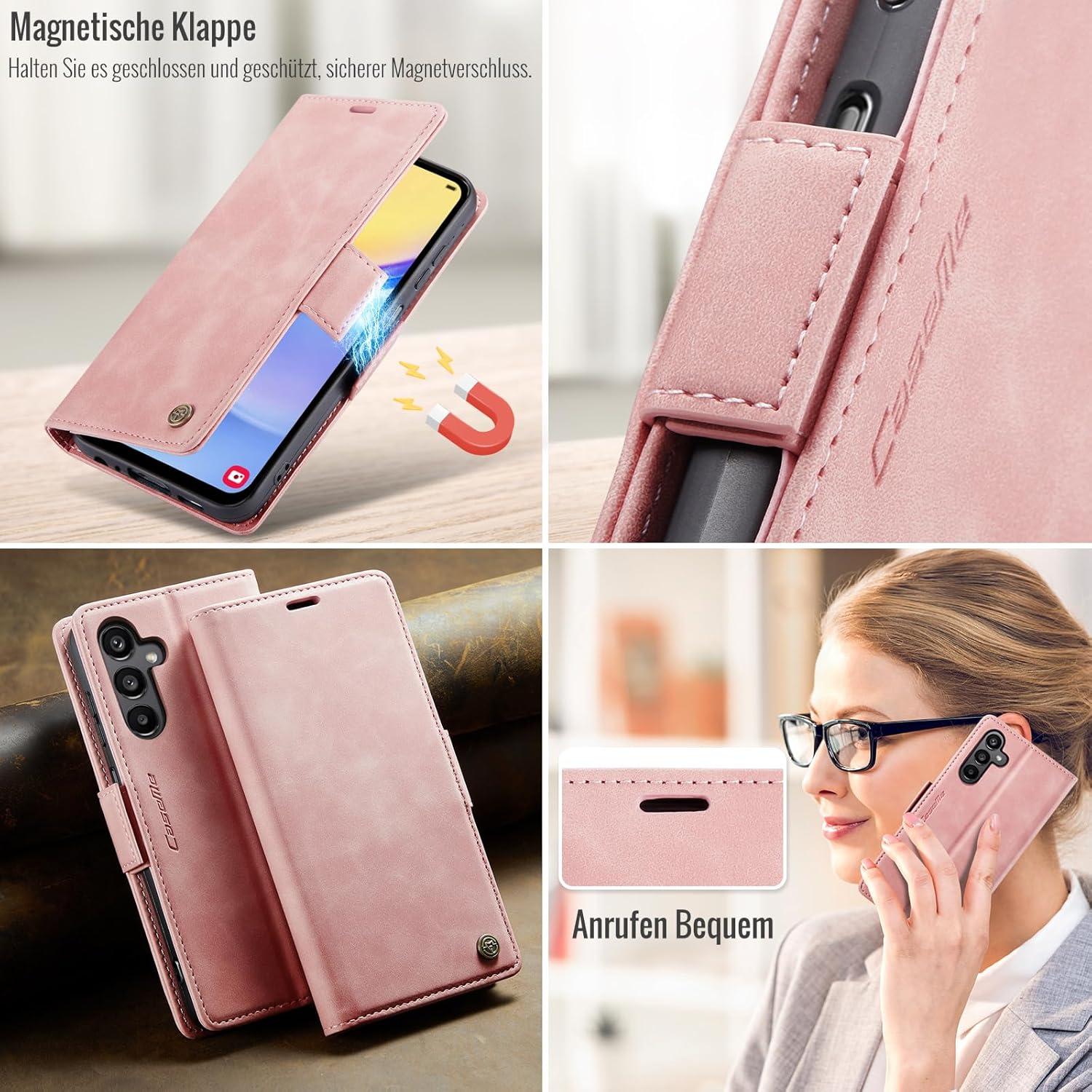 Samsung Galaxy A15 Handyhülle RFID Schutz Kartenfach Standfunktion Flip Case Vintage Rosa