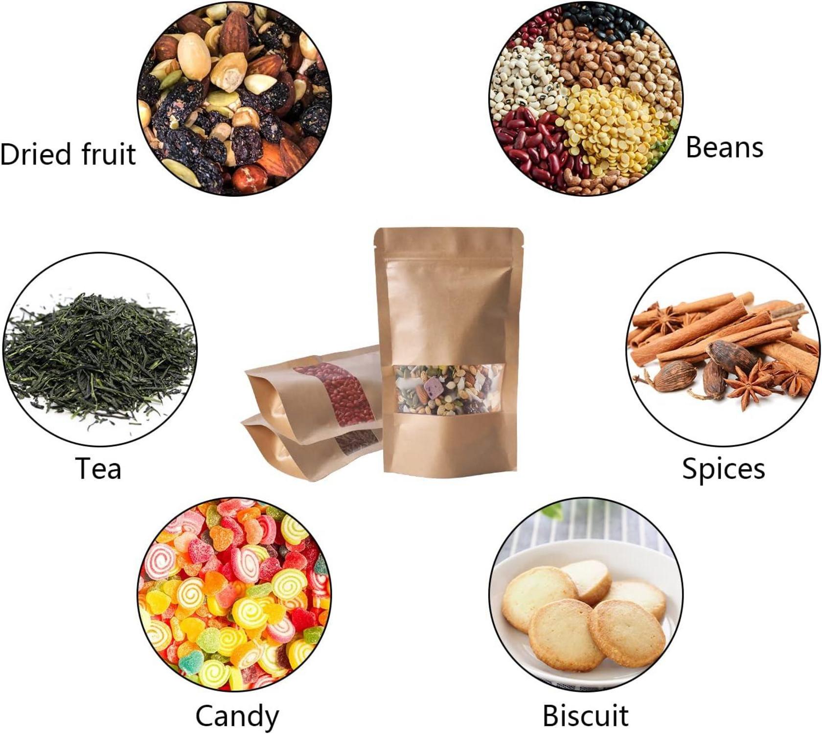 100 Stück Kraftpapiertüten mit Sichtfenster Braun Standbodenbeutel