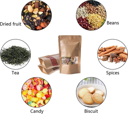 100 Stück Kraftpapiertüten mit Sichtfenster Braun Standbodenbeutel