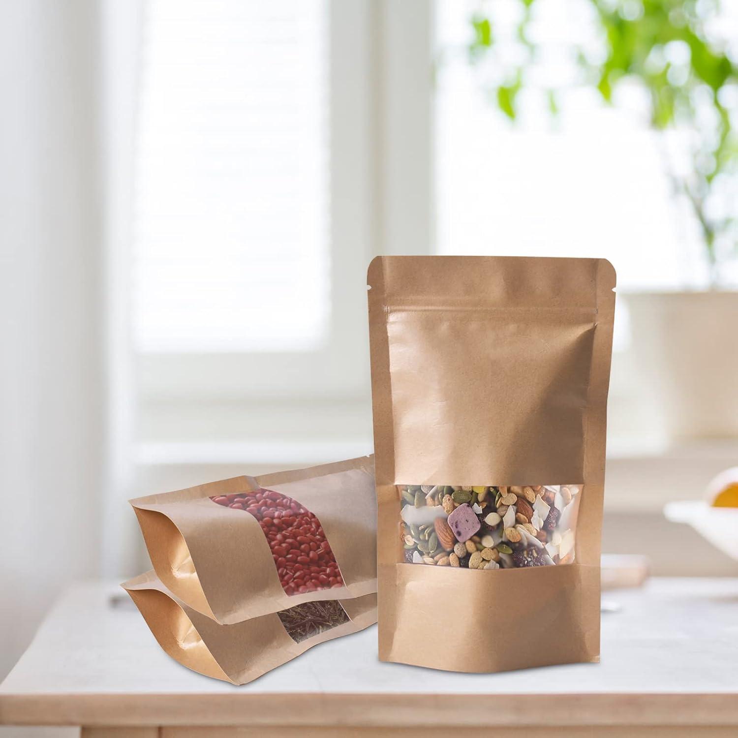 100 Kraftpapiertüten mit Sichtfenster, Braun, 10x15cm, Lebensmittel, Kaffee, Tee