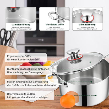 Onader Kochtopf 3-Lagen Edelstahl 3,3L mit Glasdeckel für alle Herdarten 20cm