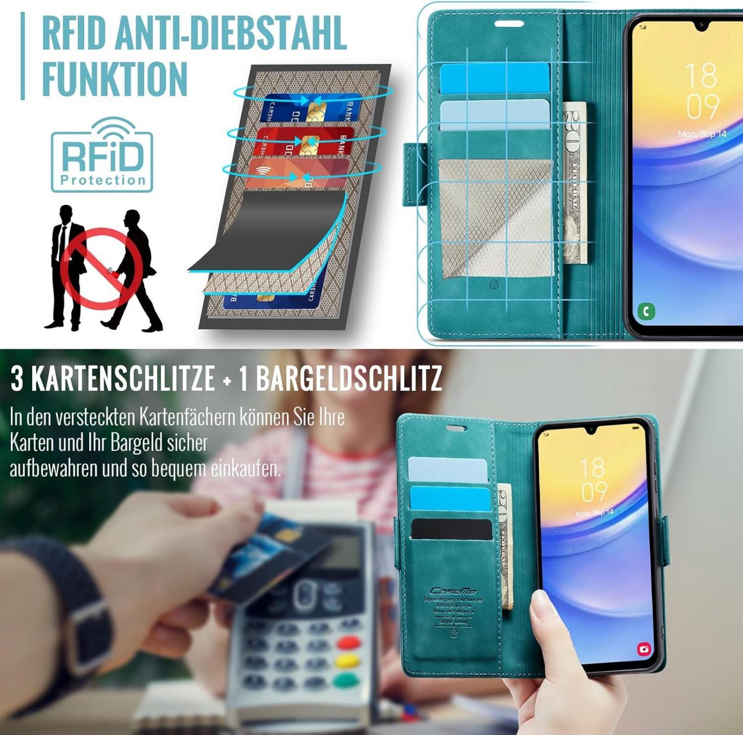 Samsung Galaxy A15 Hülle Leder RFID Schutz Flip Case Grün