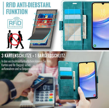 Samsung Galaxy A15 Hülle Leder RFID Schutz Flip Case Grün