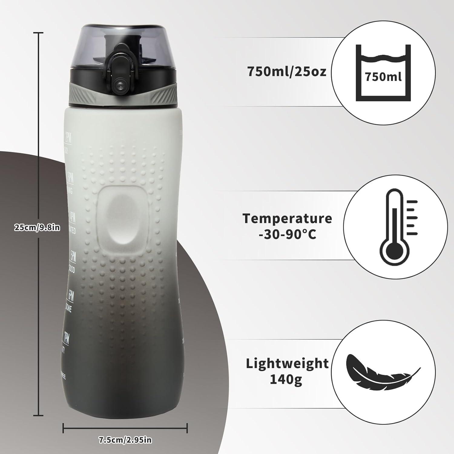 Sport Trinkflasche mit Zeitmarkierung, auslaufsicher, BPA frei, 750ml, Grau