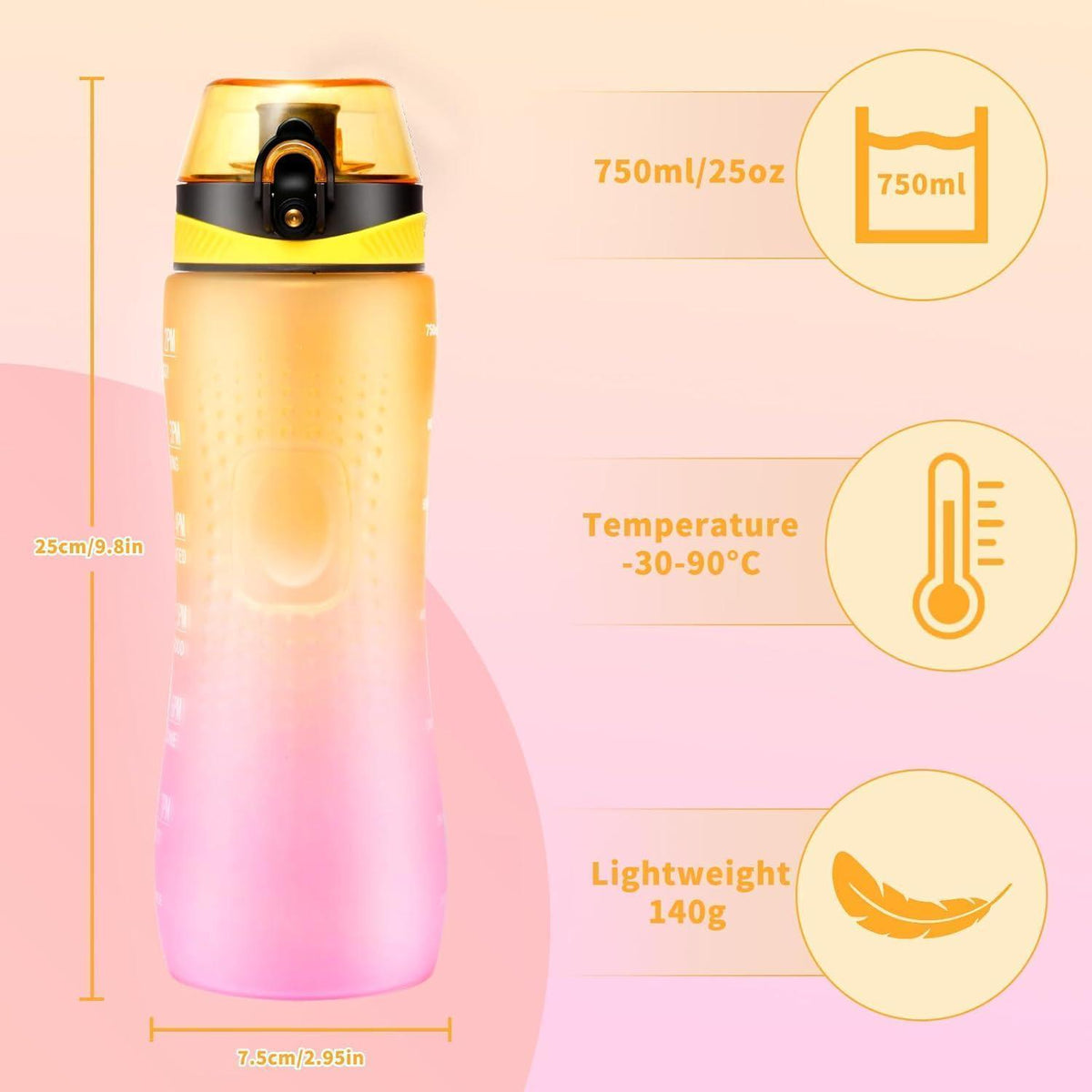 Motivations-Trinkflasche mit Zeitmarkierung, 750 ml, Gelb Rosa