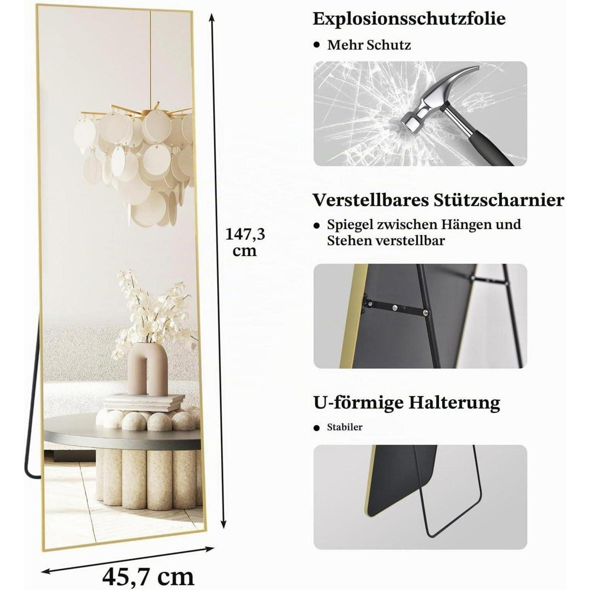 Ganzkörperspiegel Standspiegel 147x44cm Gold – Perfektes Geschenk