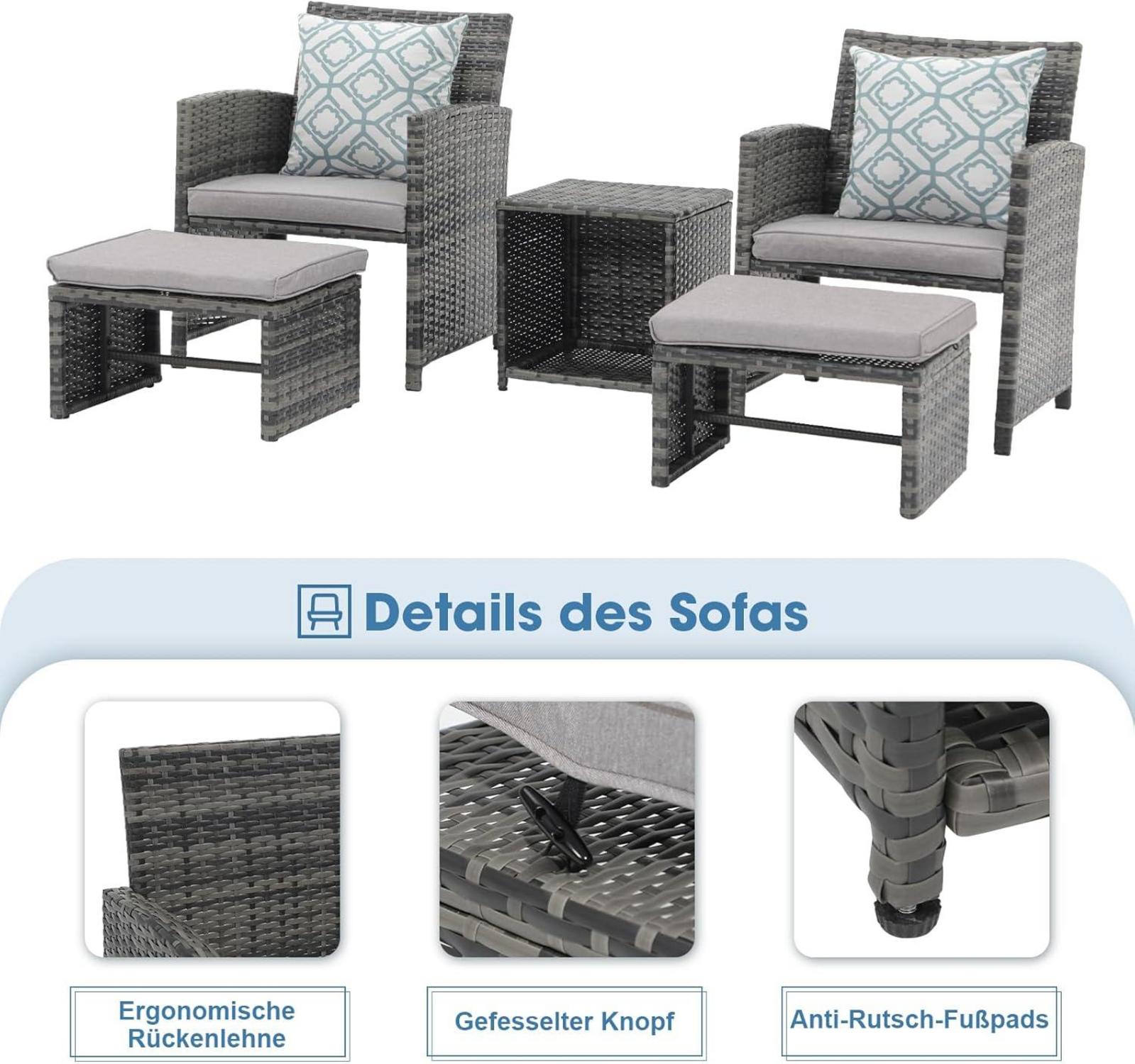 5-teiliges Terrassenmöbel-Set Korbgeflecht Outdoor inkl. Kissen Hellgrau