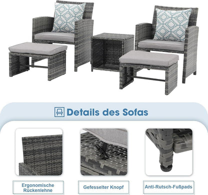 5-teiliges Terrassenmöbel-Set Korbgeflecht Outdoor inkl. Kissen Hellgrau