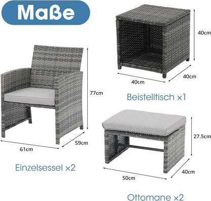 5-teiliges Terrassenmöbel-Set Korbgeflecht mit Couchtisch Hellgrau