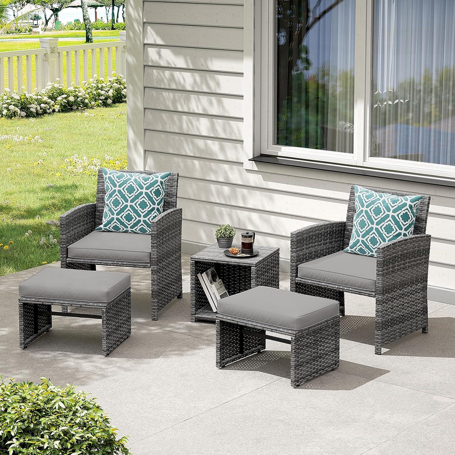 5-teiliges Terrassenmöbel-Set Korbgeflecht Outdoor inkl. Kissen Hellgrau