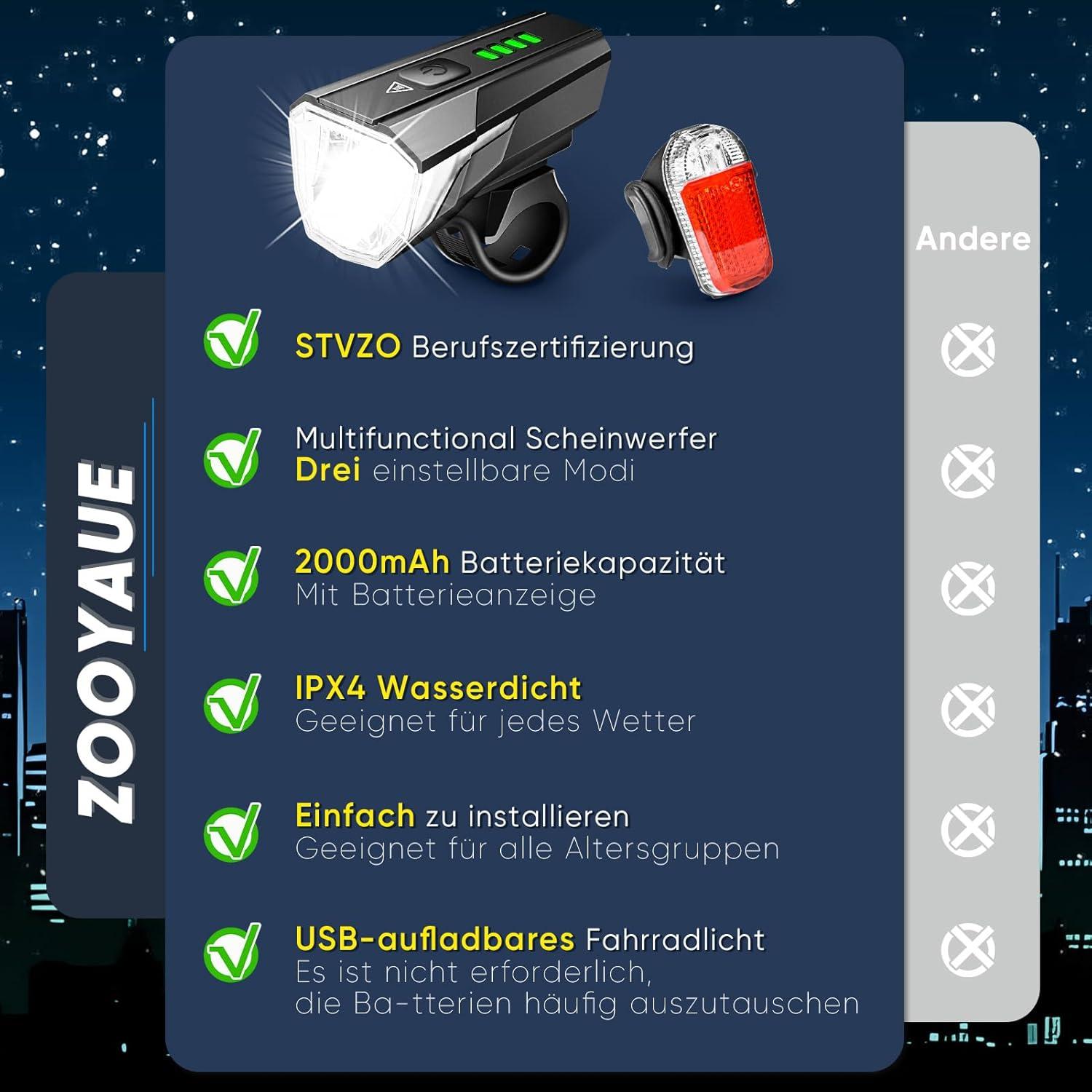Fahrradlicht Set LED 100 LUX StVZO Zugelassen USB Aufladbar IPX4