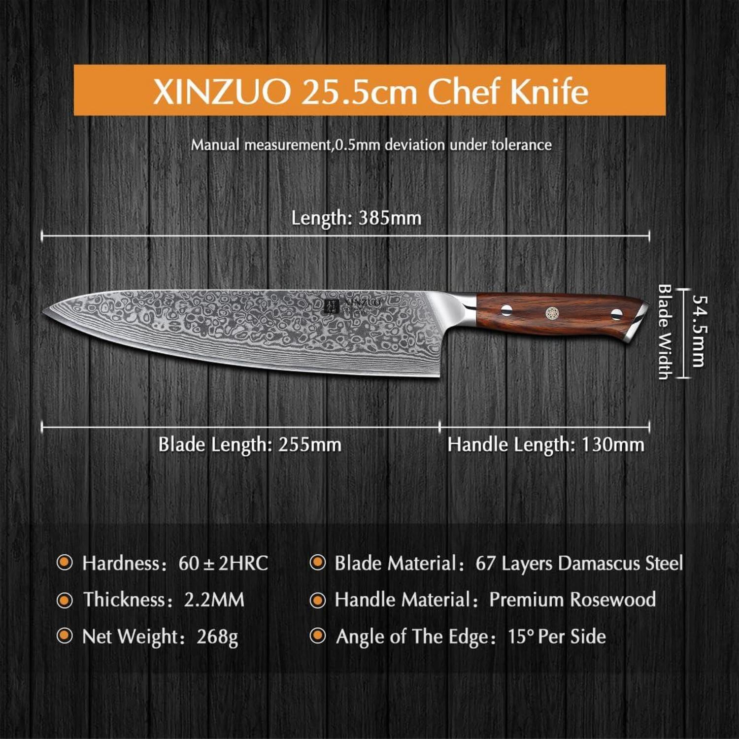 XINZUO Damaststahl Profi Kochmesser 25.5cm scharf Chefmesser Gemüse Obst