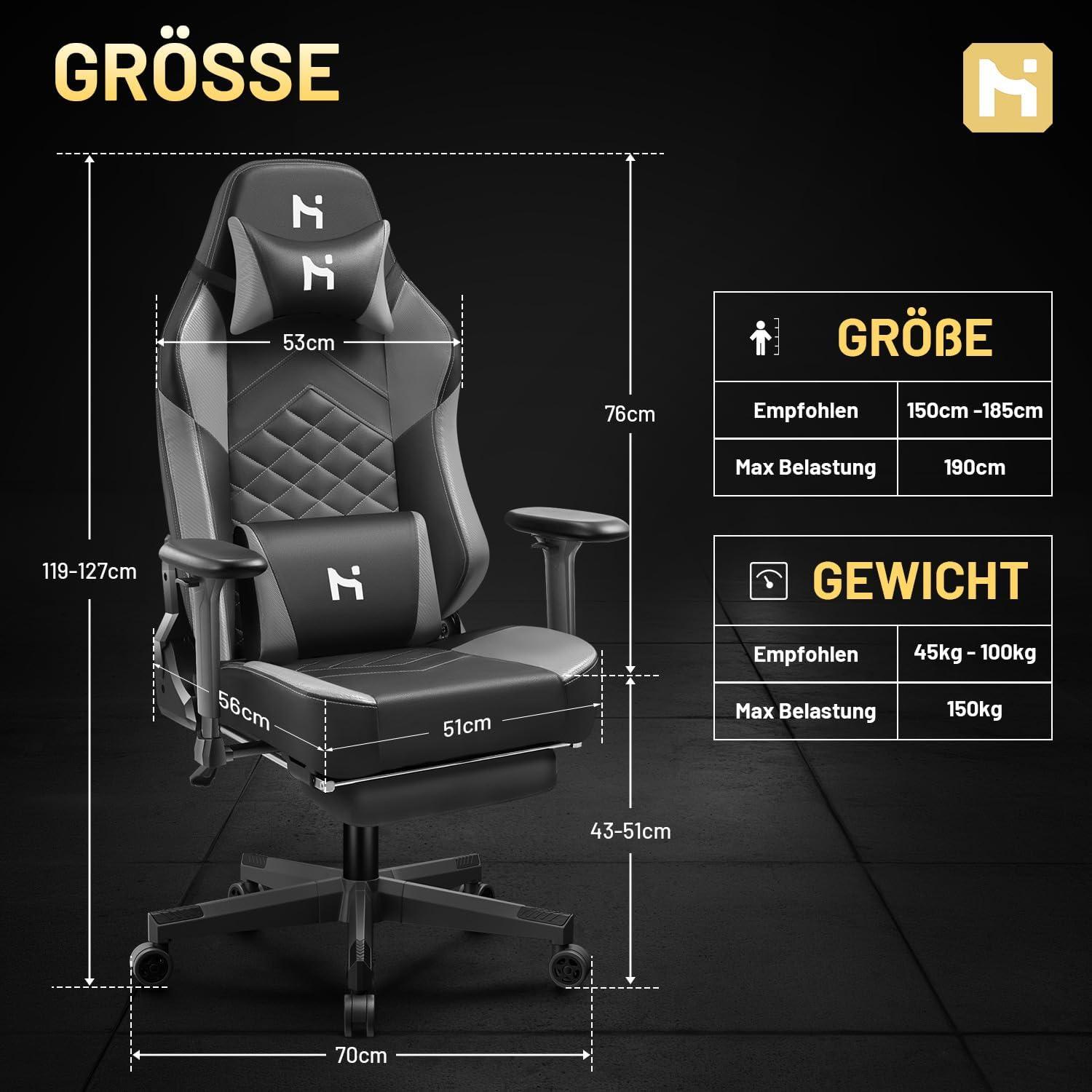 Ergonomischer Gaming Stuhl Rückenlehne verstellbar Grau-Schwarz