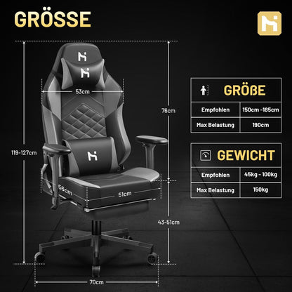 Ergonomischer Gaming Stuhl Rückenlehne verstellbar Grau-Schwarz