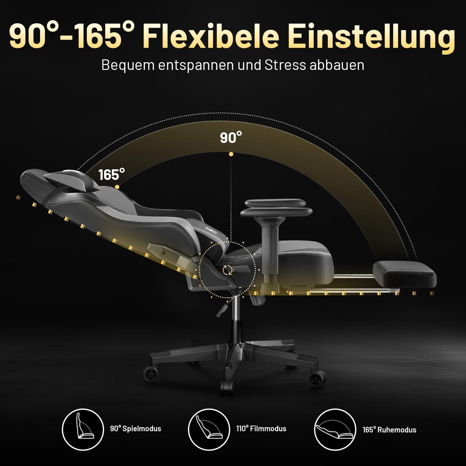 Ergonomischer Gaming Stuhl mit Kopfstütze und Lendenkissen, Grau