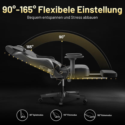 Ergonomischer Gaming Stuhl mit Kopfstütze und Lendenkissen, Grau