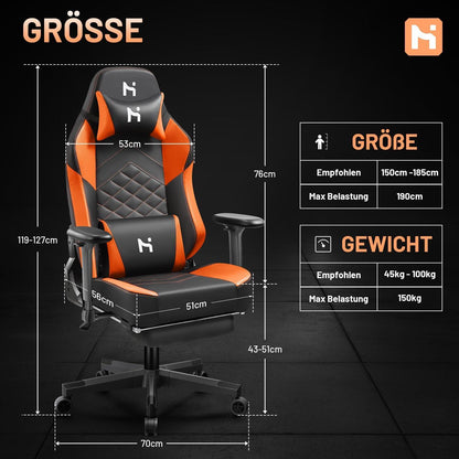 Hochwertiger Gaming Stuhl ergonomisch Orange Schwarz mit einstellbarer