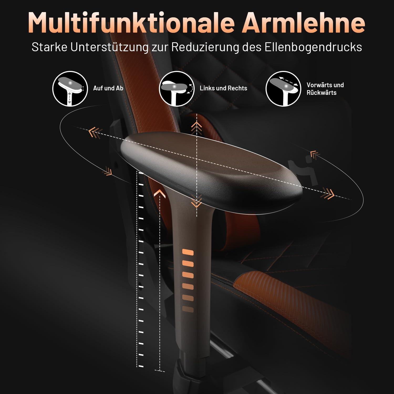 Ergonomischer Gaming Stuhl mit verstellbarer Rückenlehne und Armlehnen, Orange/Schwarz