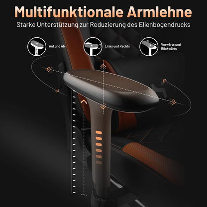 Ergonomischer Gaming Stuhl mit verstellbarer Rückenlehne und Armlehnen, Orange/Schwarz