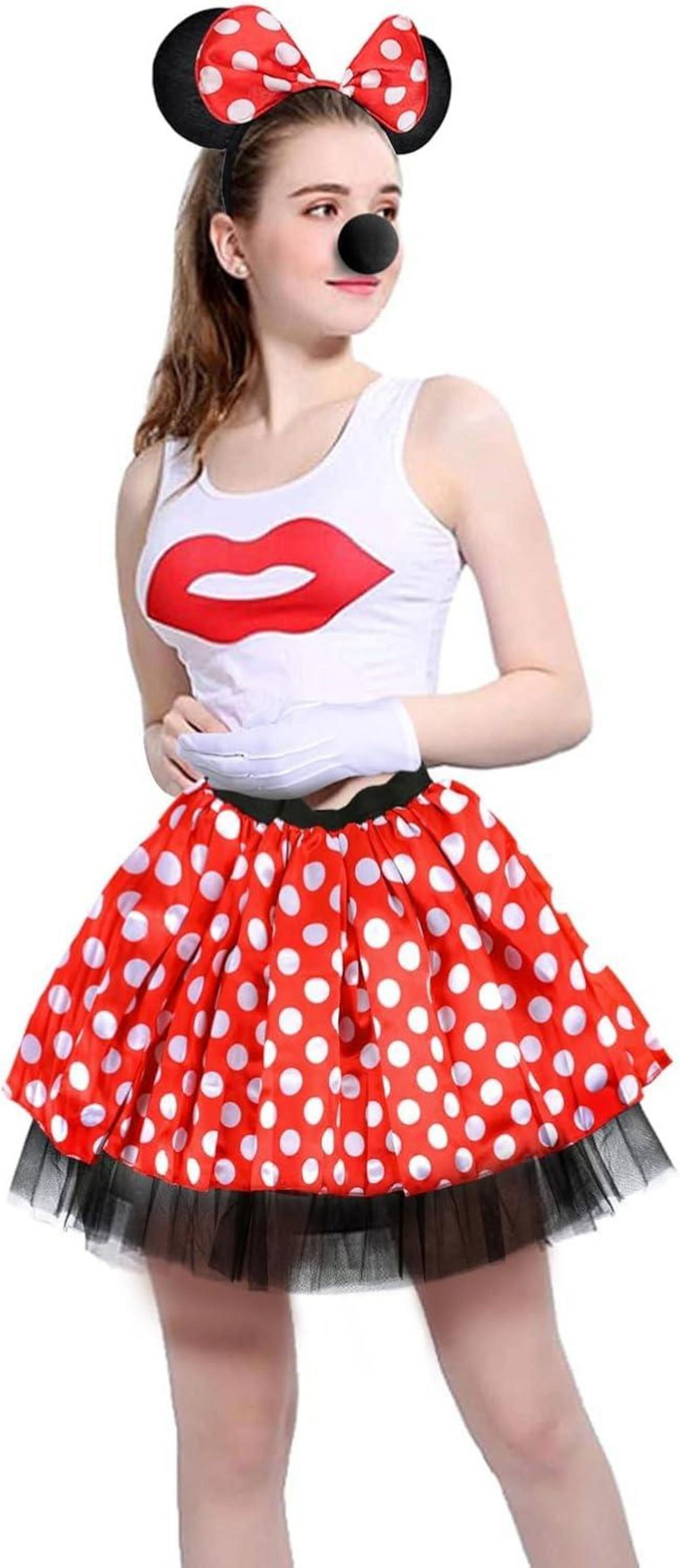 Damen Minni/Mickey Maus Kostüm Set Tutu Rock Haarreifen Handschuhe Nase Fliege