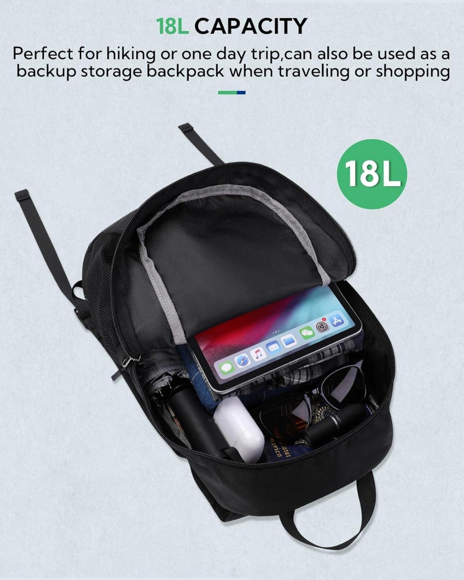 Ultraleichter Faltbarer Wanderrucksack 18L Schwarz