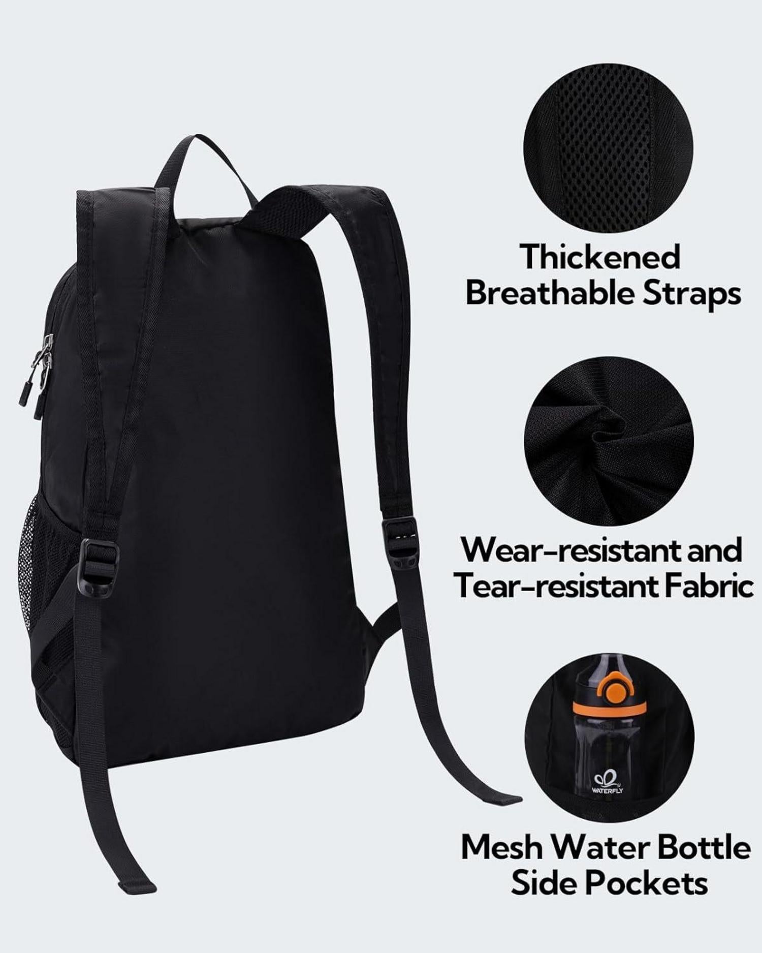 Ultraleichter Faltbarer Wander-Rucksack 18L Schwarz & Atmungsaktive Mesh-Schultergurte