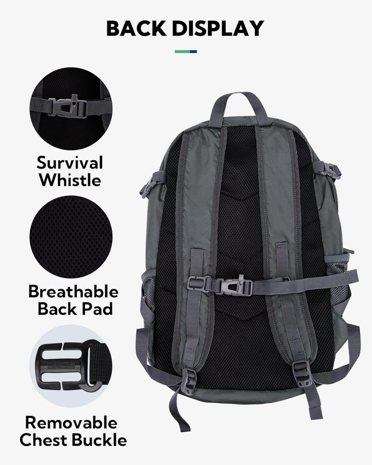 Faltbarer Wander-Rucksack mit 28L Nassfach - Leichter Trekking-Rucksack für Outdoor, Camping - Dunkelgrau