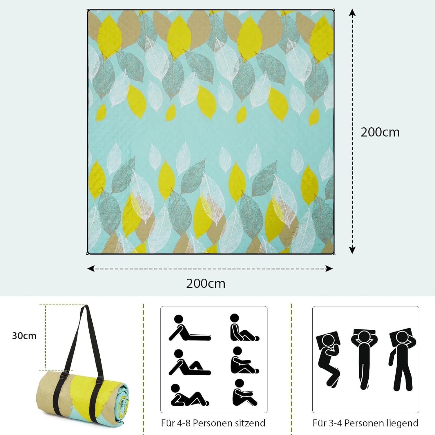 Picknickdecke Wasserdicht XXL Strandmatte mit Erdnägeln 200x200cm