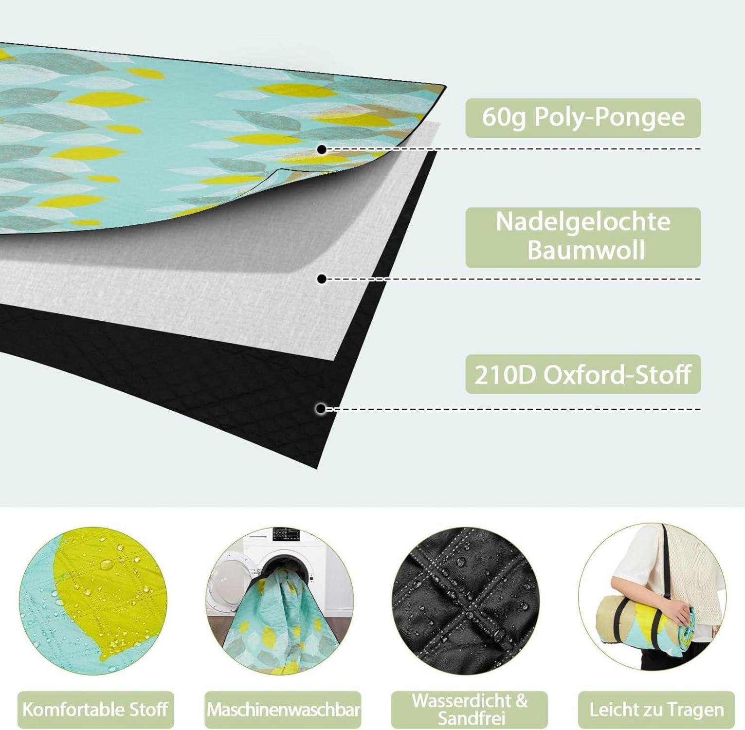 HAUSPROFI Picknickdecke XXL Wasserdicht Strandmatte 200x200cm Blätter
