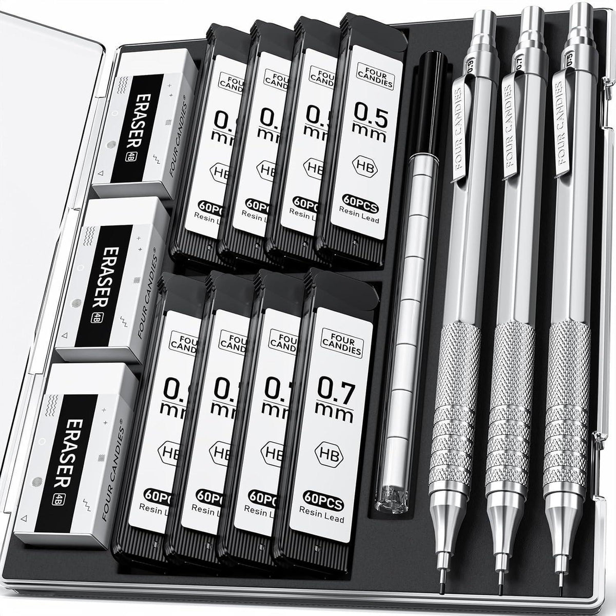 Metall-Druckbleistift-Set 3-teilig 0,5/0,7/0,9 mm mit Minen & Radiergummis