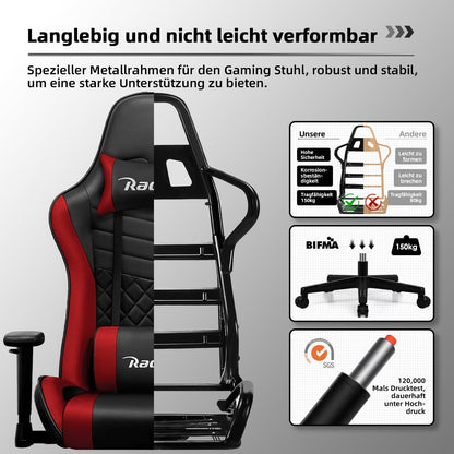 Gaming Chair Bürostuhl 170° Wippfunktion 150 kg belastbar Lenden- & Kopfkissen