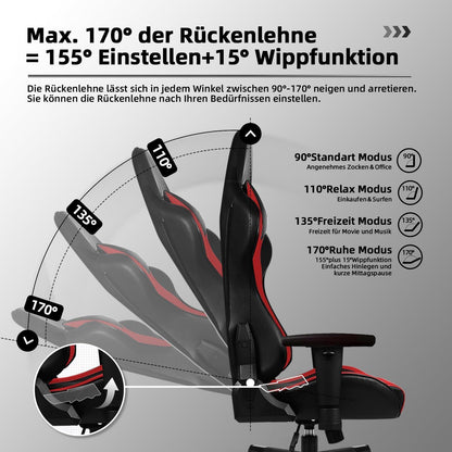 Gaming Stuhl Bürostuhl mit Wippfunktion 170° Lendenkissen Armlehne