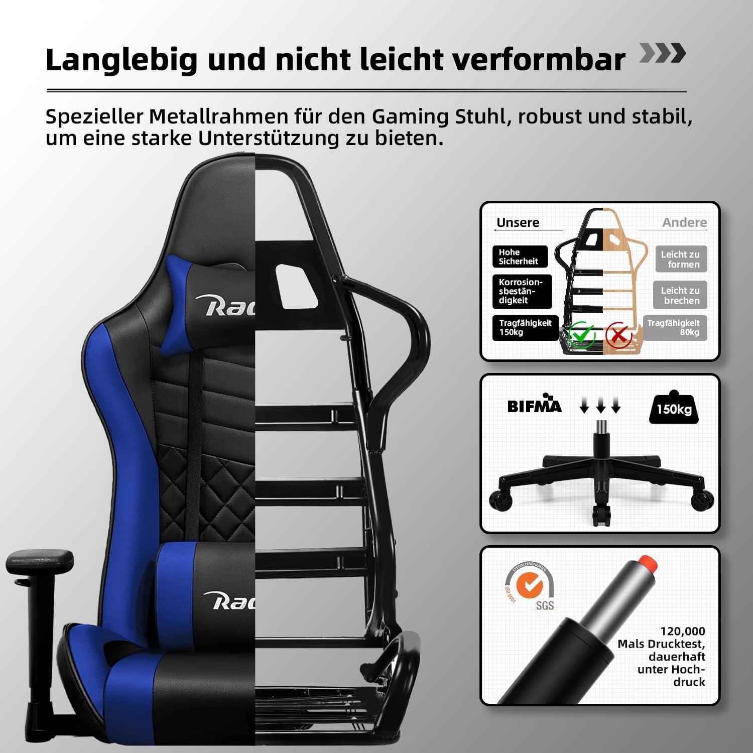 Gaming Stuhl Wippfunktion verstellbare Lendenkissen 170° 150 kg