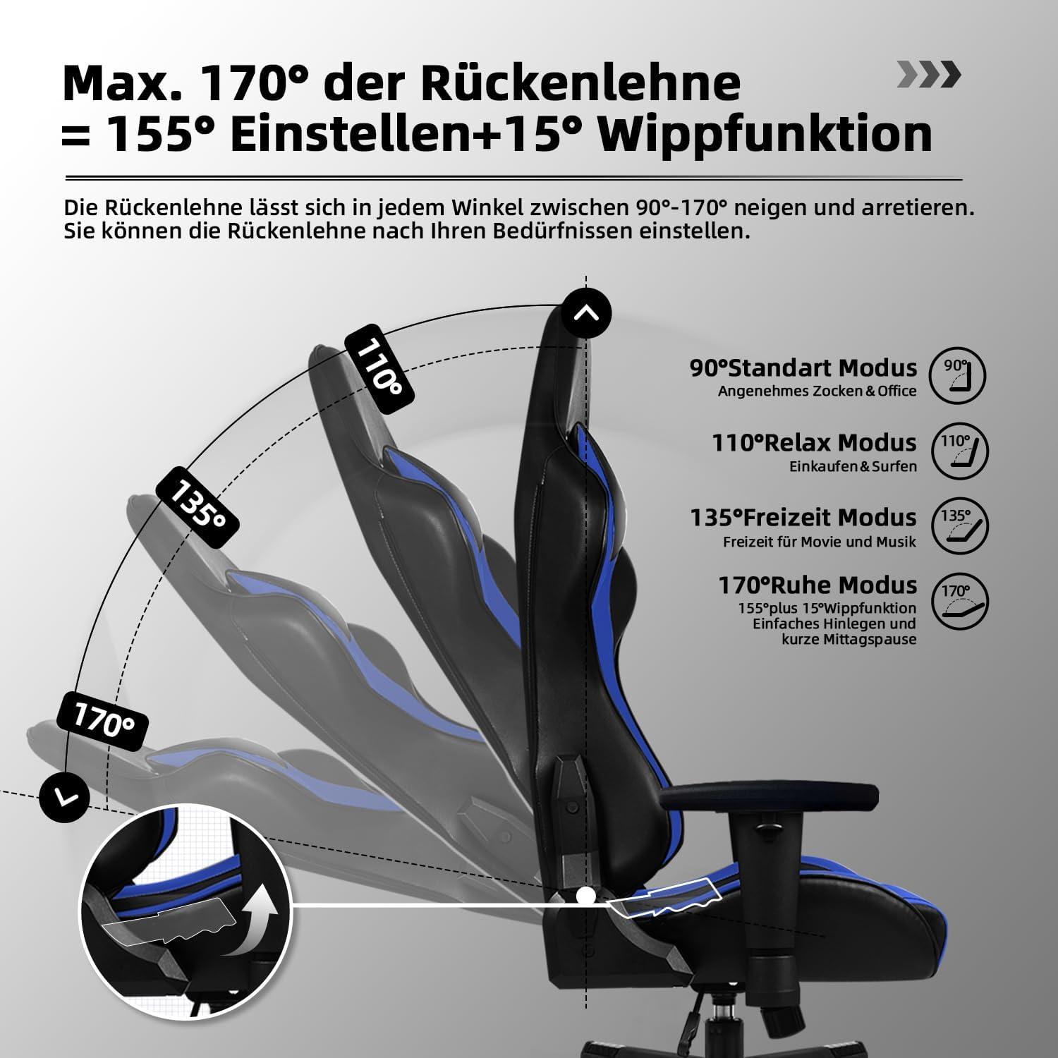 Gaming Stuhl mit Wippfunktion bis zu 170° und verstellbaren
