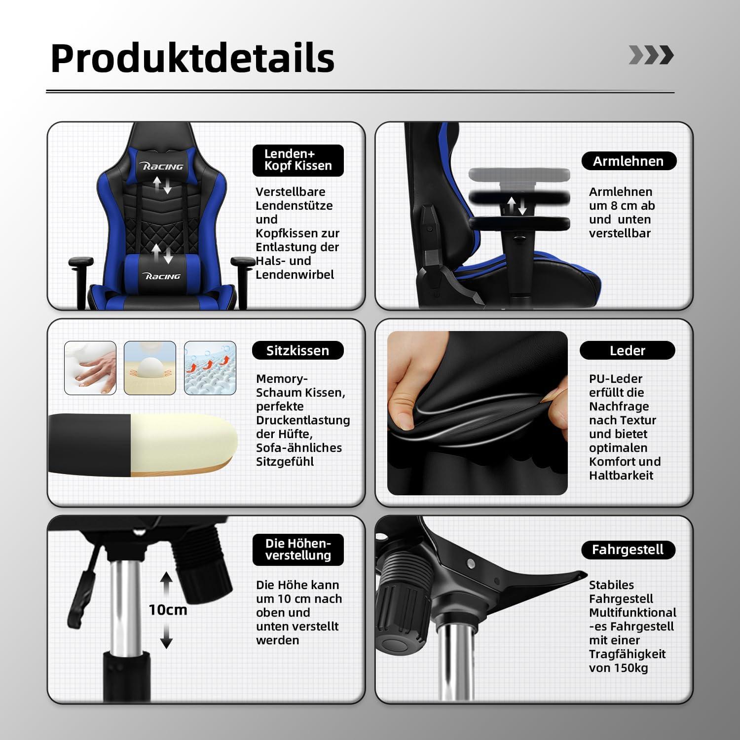 Gaming Stuhl Wippfunktion verstellbare Lendenkissen 170° 150 kg