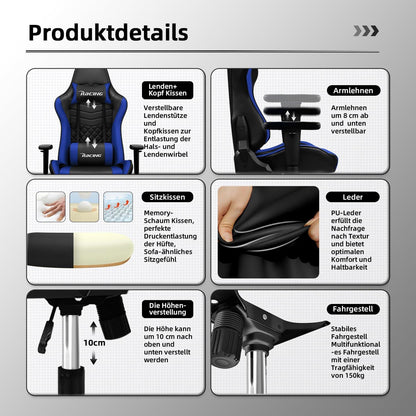 Gaming Stuhl Wippfunktion verstellbare Lendenkissen 170° 150 kg