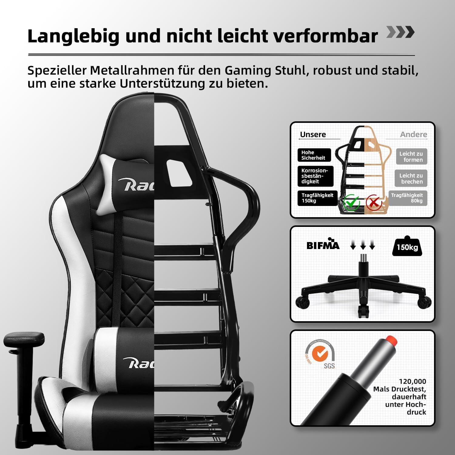 Gaming Stuhl mit Wippfunktion bis 170° und verstellbaren Kissen
