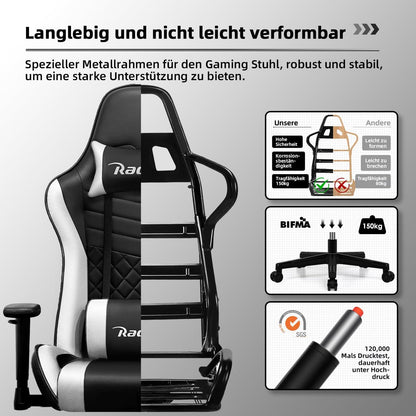 Gaming Stuhl mit Wippfunktion bis 170° und verstellbaren Kissen