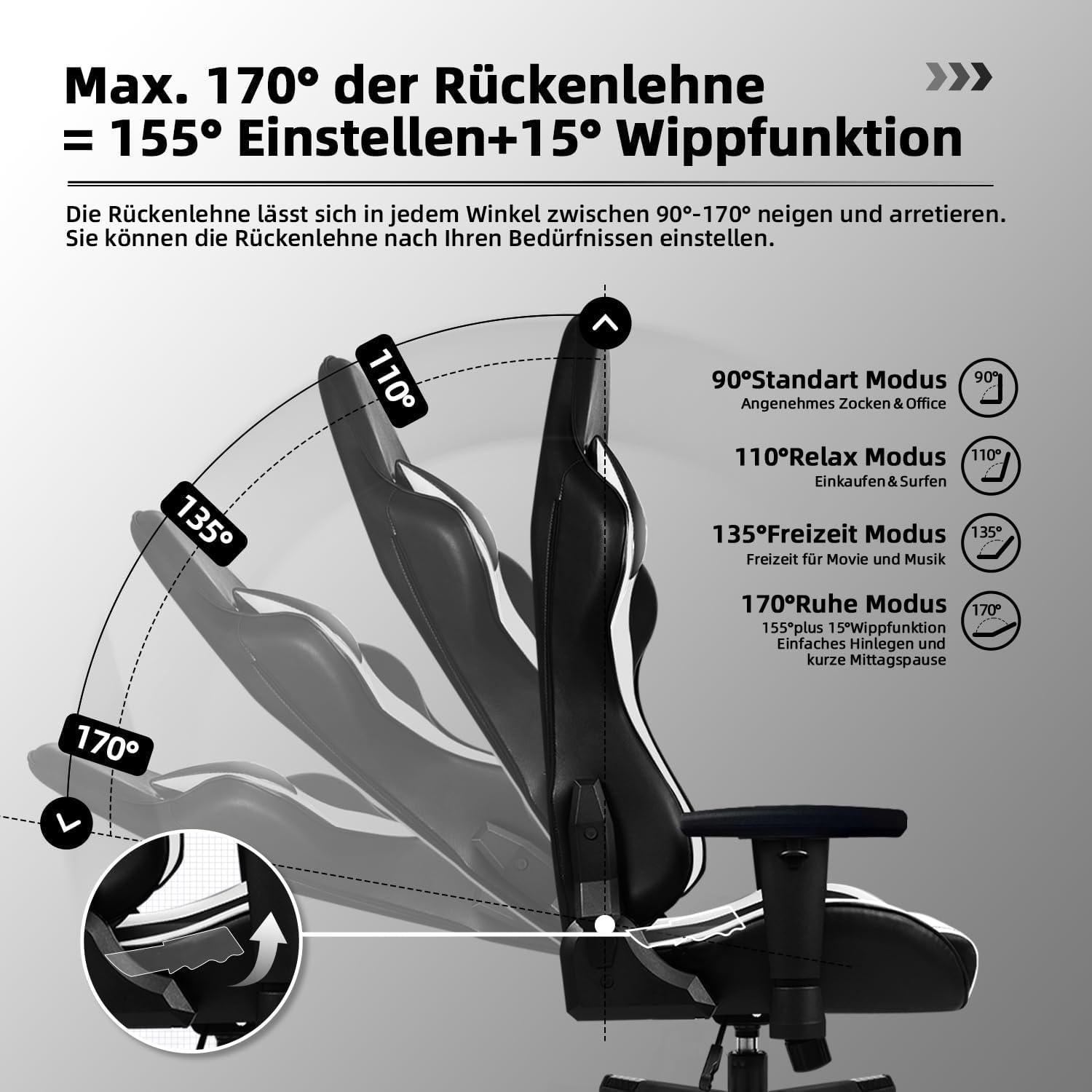 Gaming Stuhl mit Wippfunktion bis 170° verstellbare