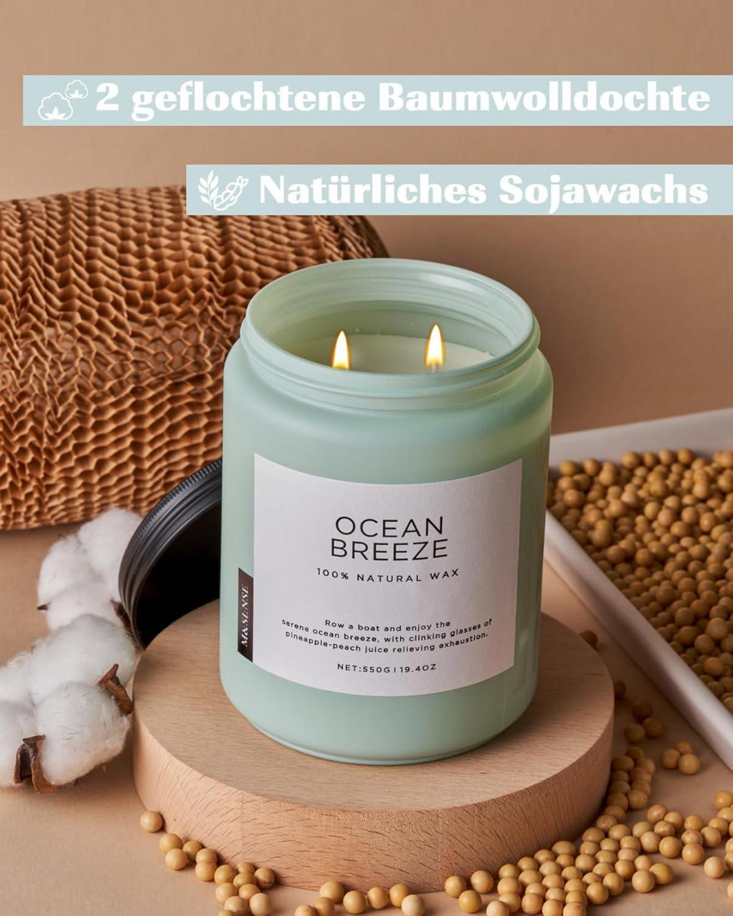 Duftkerze Meeresbrise 550g 110 Stunden Brenndauer Glas 2 Docht Deckel