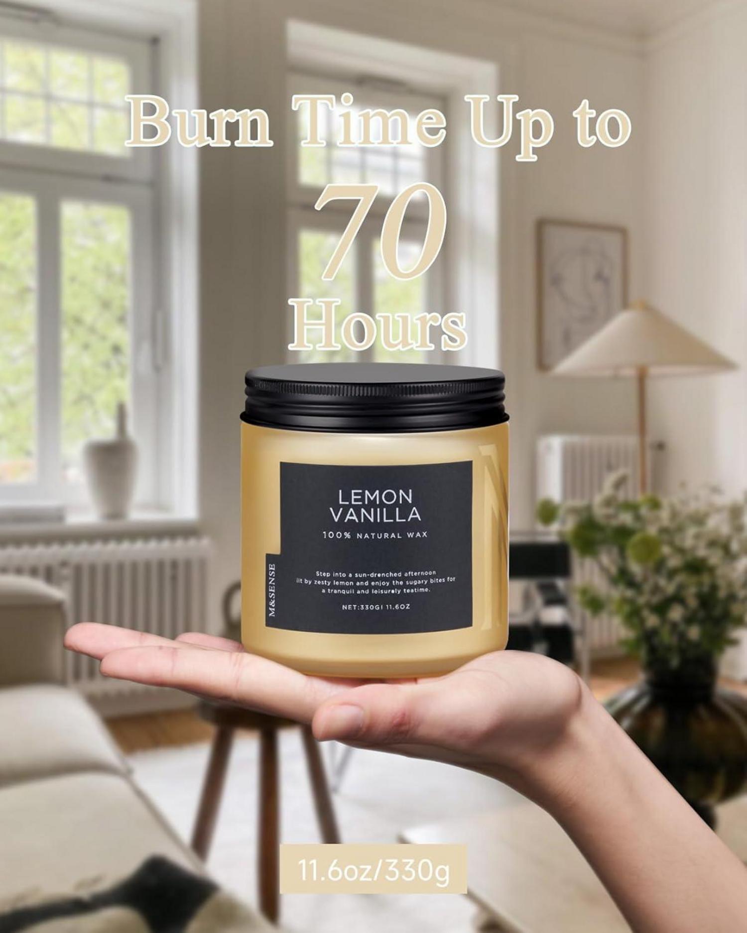 Zitrone Vanille Duftkerzen im Glas, 330g - 70 Std. Brenndauer, Geschenkidee für Männer & Frauen