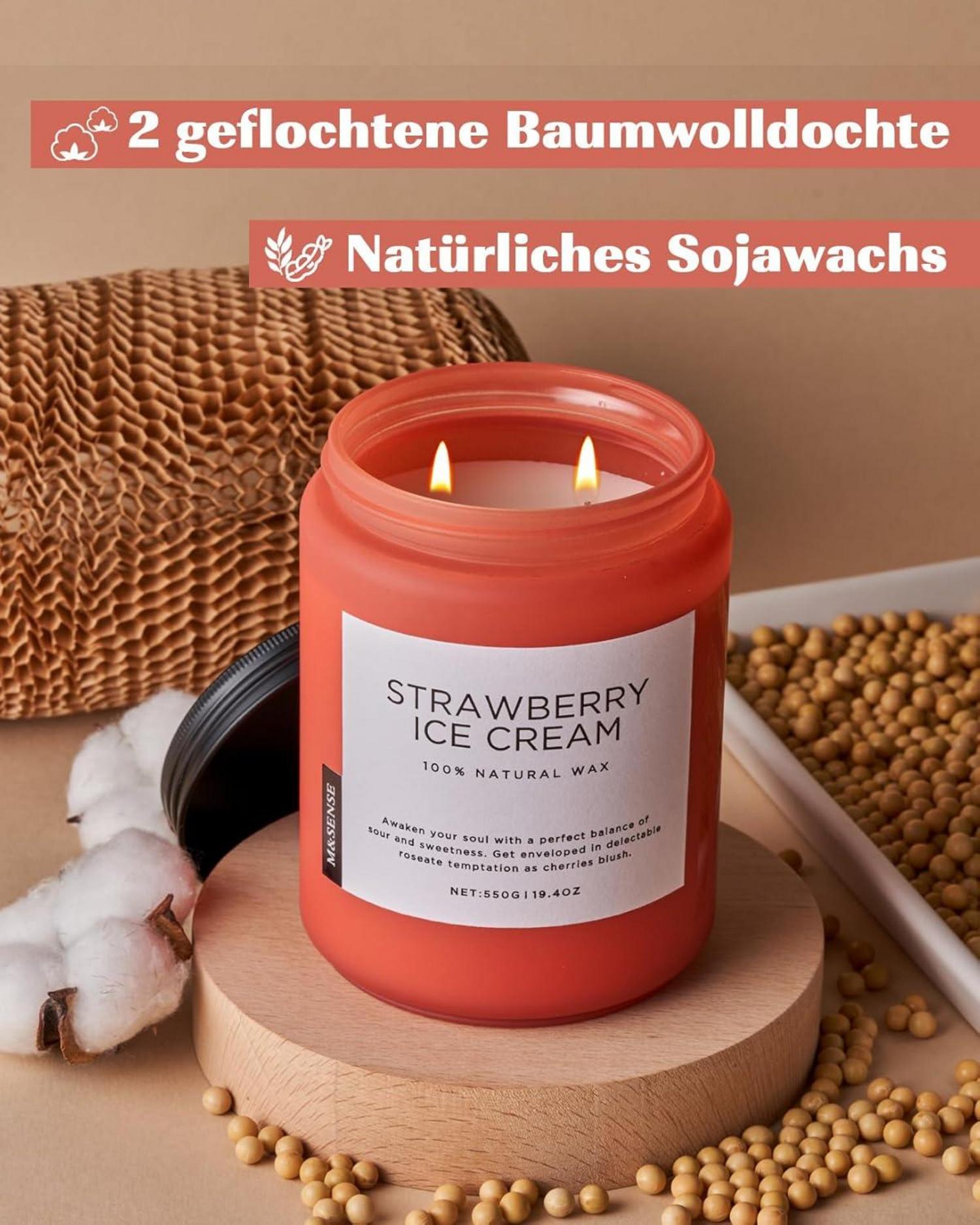 Erdbeer Eis Duftkerze 2-Docht Soja-Kerze 550g 110h