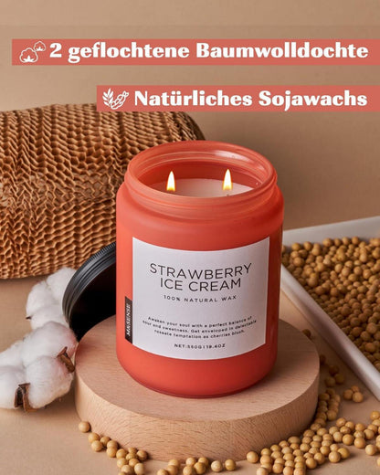 Erdbeer Eis Duftkerze 2-Docht Soja-Kerze 550g 110h