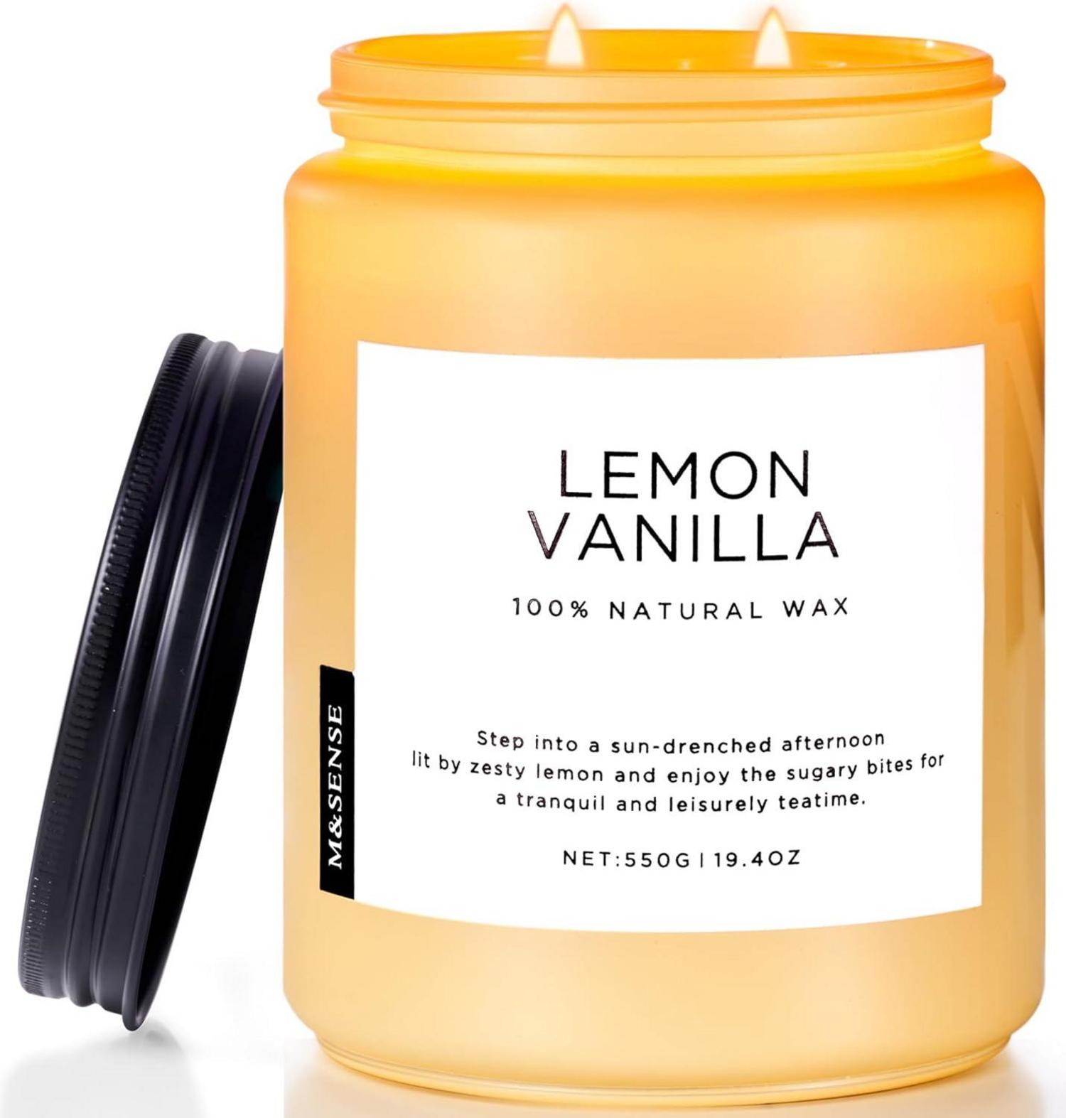 Duftkerzen Zitrone Vanille 550g 110h Soja im Glas, Stress Relief