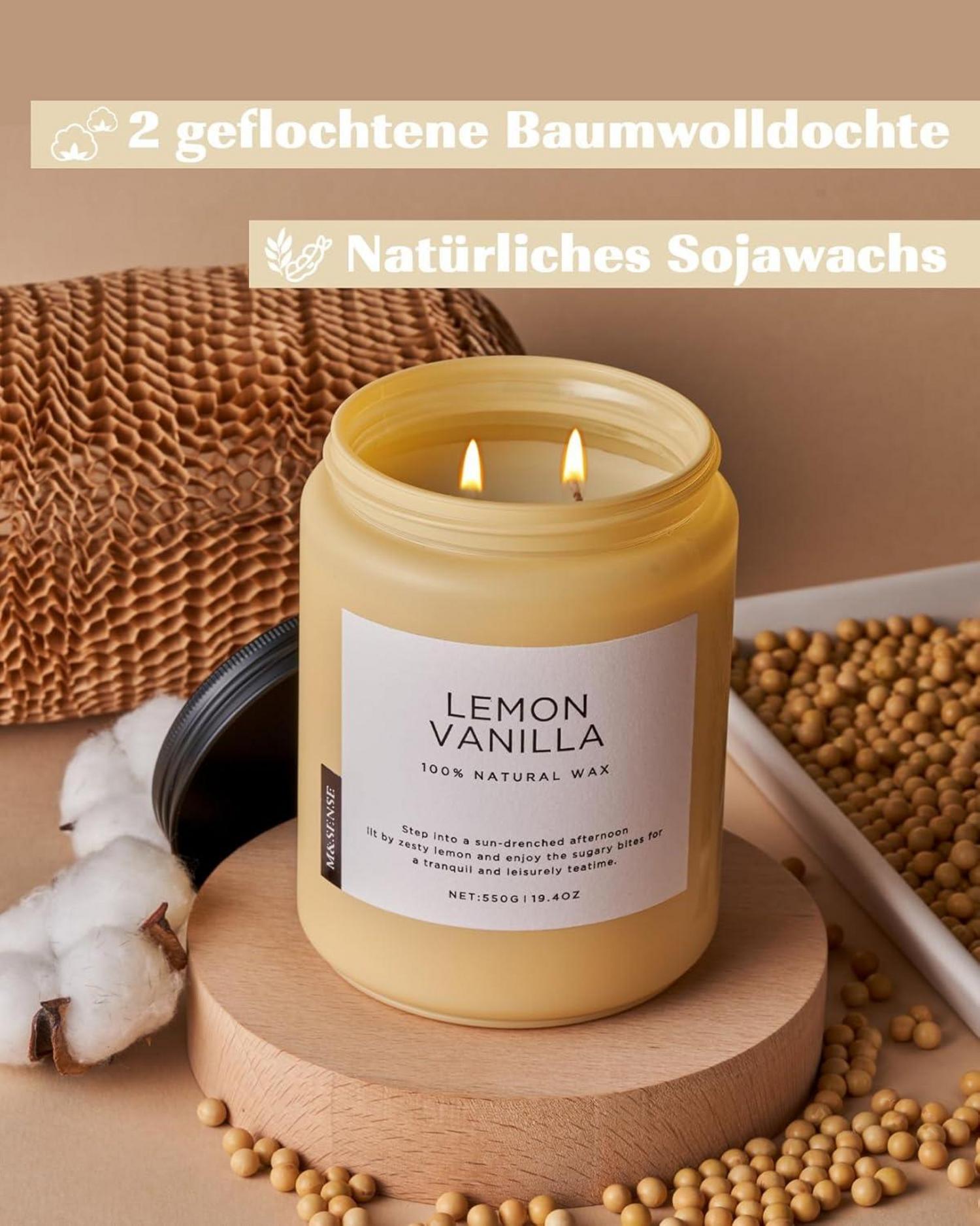 Duftkerzen Zitrone Vanille 550g 110h Soja im Glas, Stress Relief