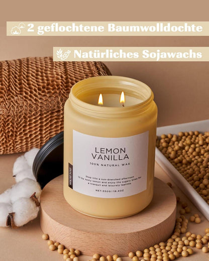 Duftkerzen Zitrone Vanille 550g 110h Soja im Glas, Stress Relief