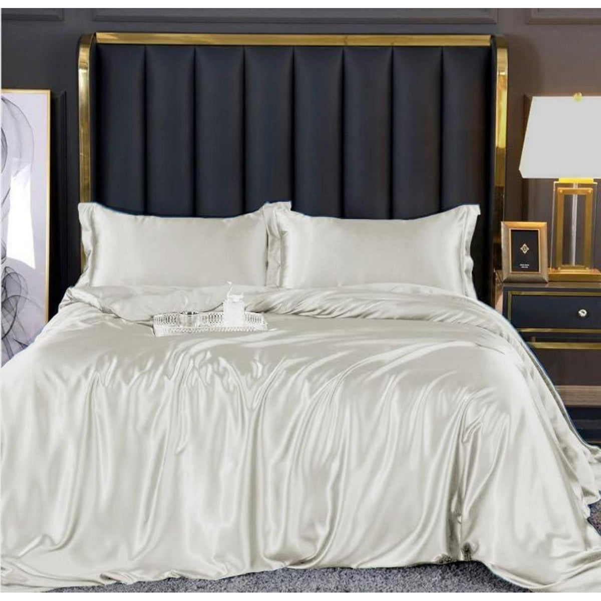 Glänzende Satin Bettwäsche Set 200x220 Weiß Beige Creme