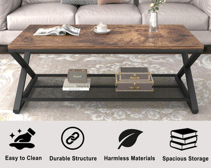 Rustikaler Holz Metall Couchtisch mit 2 Etagen für Zuhause 119,4cm