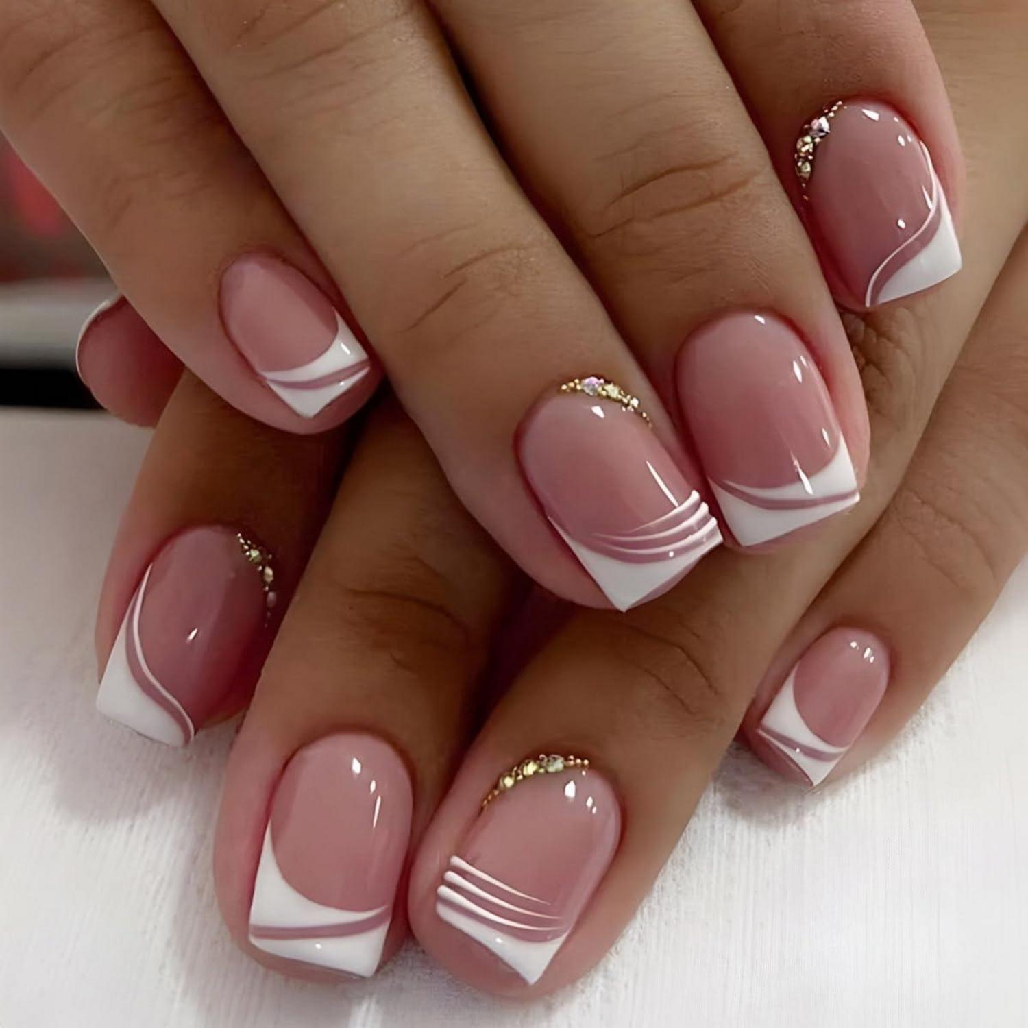 Press on Nägel Weiß Wavy Eckig Strass Kunstnägel 24 Stück