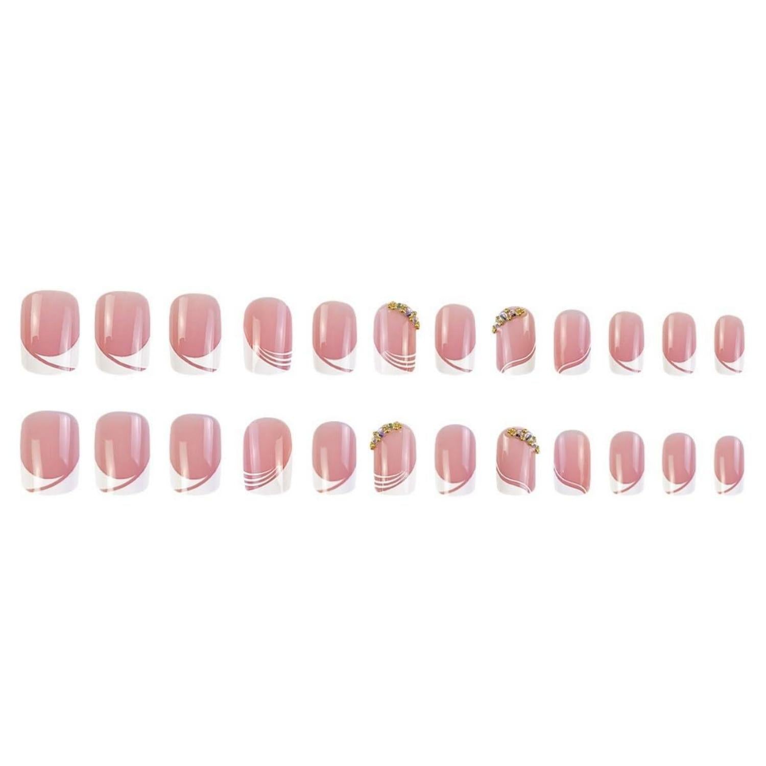 24 Stück Weiß Wavy Eckig Nägel Zum Aufkleben KurzStrass Glossy Künstliche Nägel Frauen